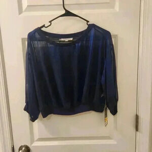 Jennifer Lopez Sheer Metallic Blue Blouse Short Sleeve Crop Top Size M NWT